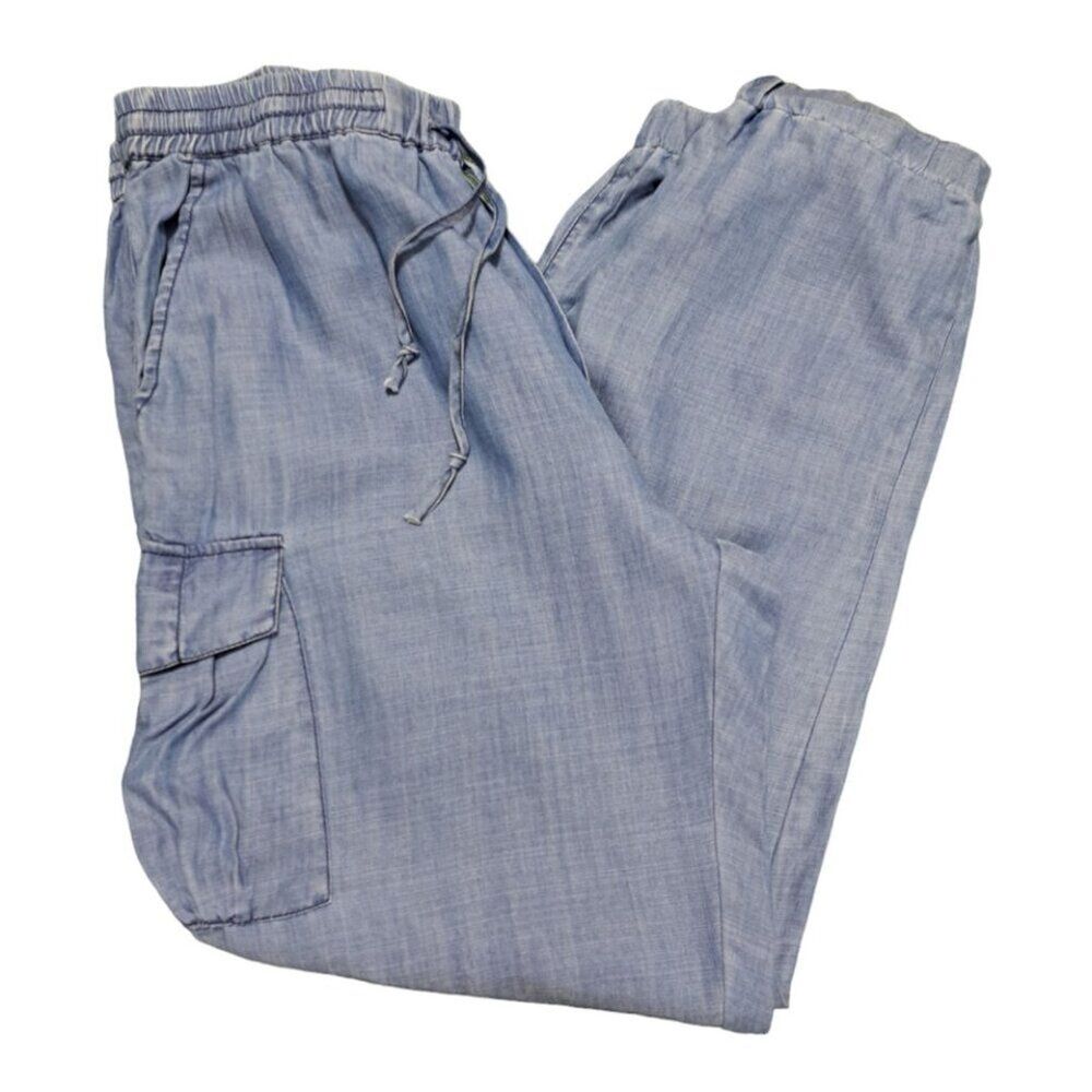 Skies Are Blue Women's Chambray Jogger Cargo Pockets Blue Draw String Sz Medium - Picture 2 of 8